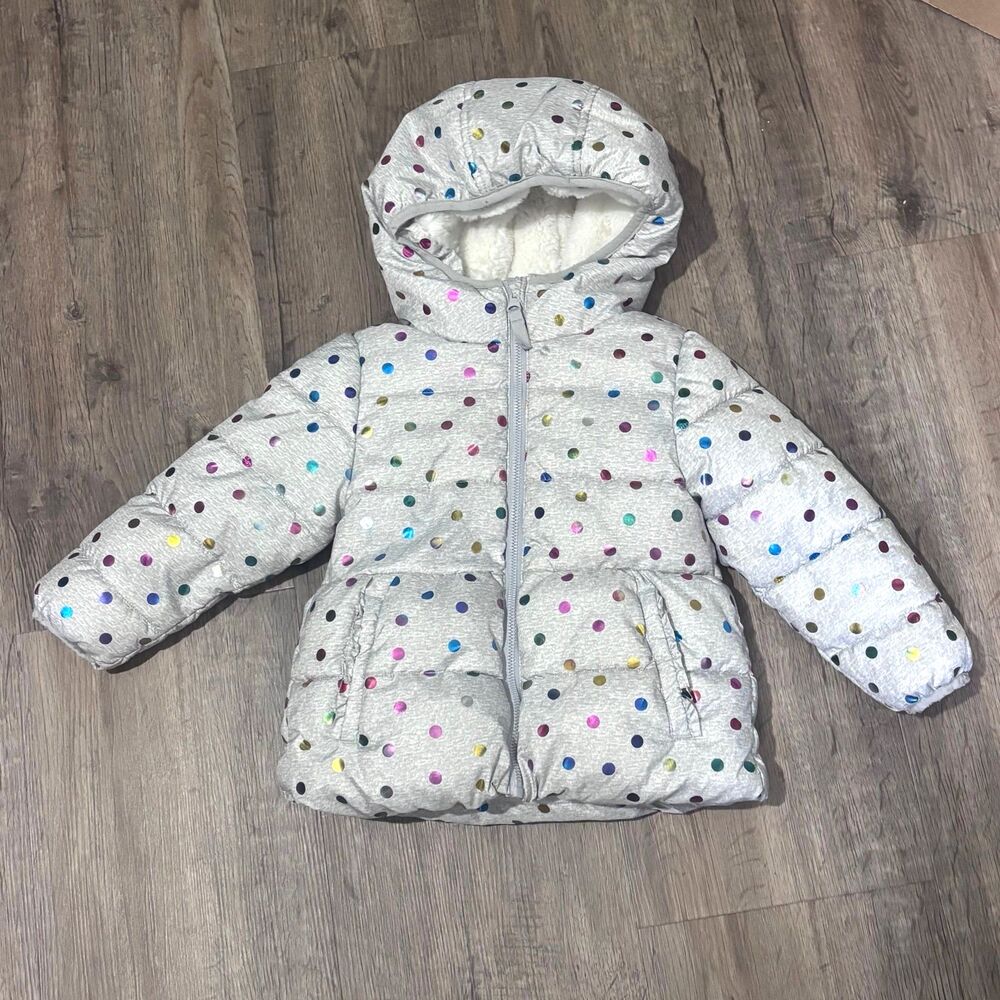 Wonder Nation Toddler Girls Puffer Jacket 3T Gray Polka Dot Hooded EUC
